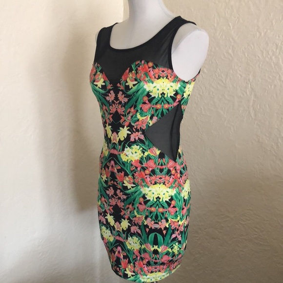Yellow & Pink Floral Sheer Black Mesh Cutout Body Con Dress - Picture 2 of 8